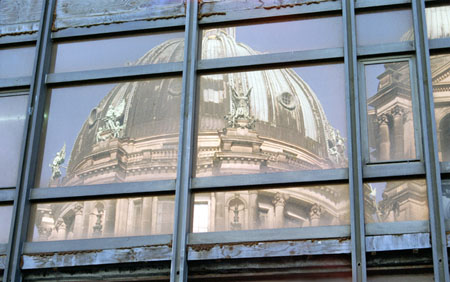 Berlin Dom reflected in the old East German HQ building